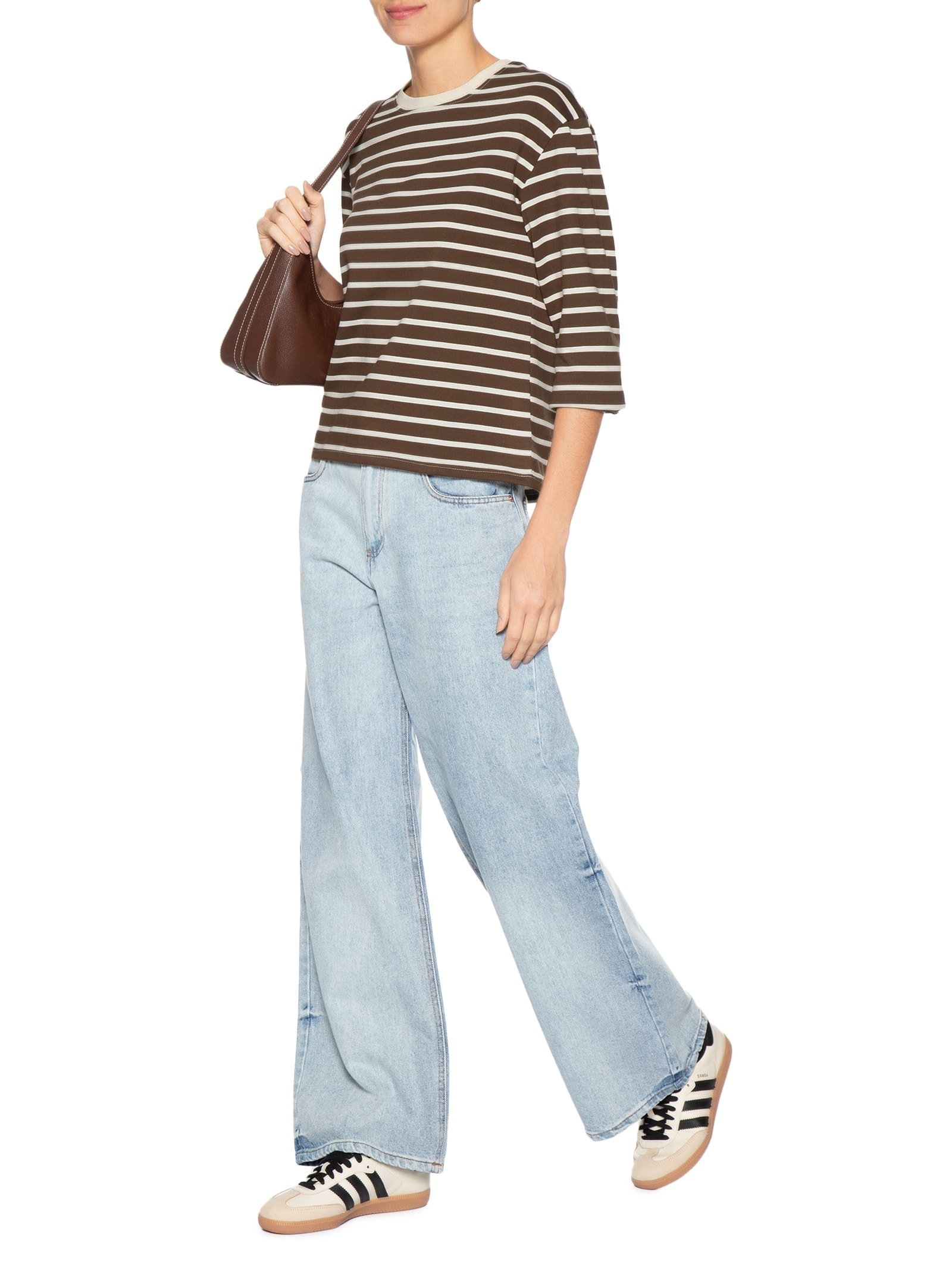 Blusa Feminina Listrada Manga Longa Marrom Basiq