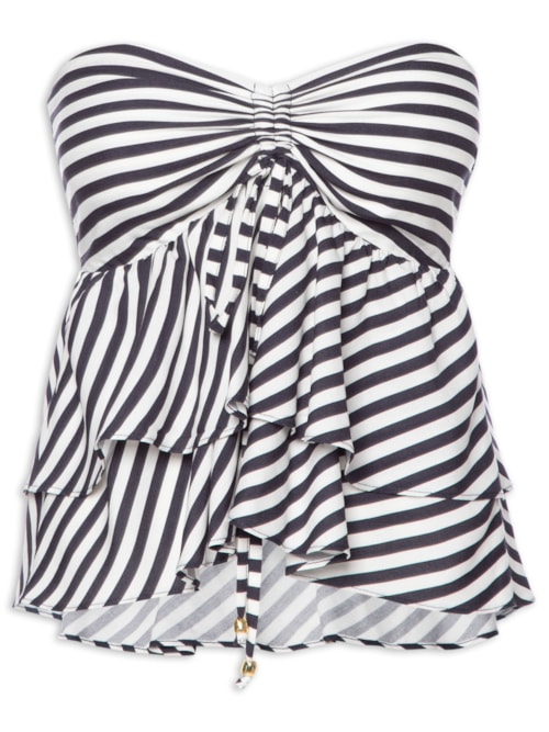 Blusa Feminina Listrada Sem Alça Com Babados – Azul