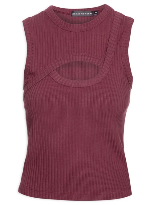 Blusa Feminina Malha Cropped Vazado Ribana Liso - Vinho