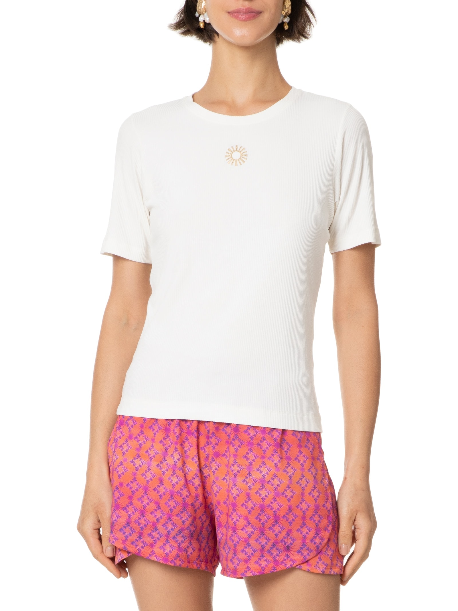 Blusa Feminina Malha Manga Curta Rib Branco Salinas