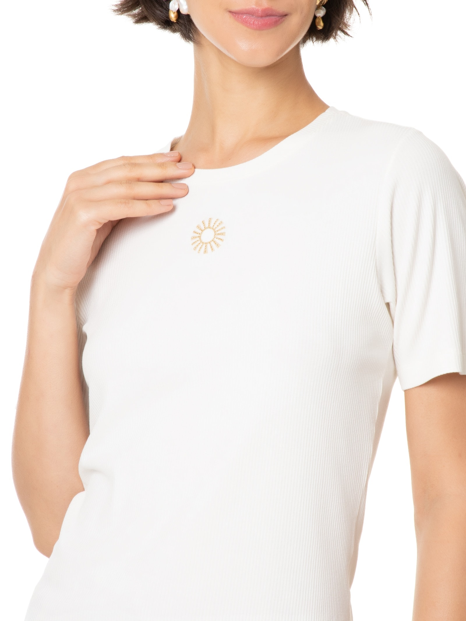 Blusa Feminina Malha Manga Curta Rib Branco Salinas