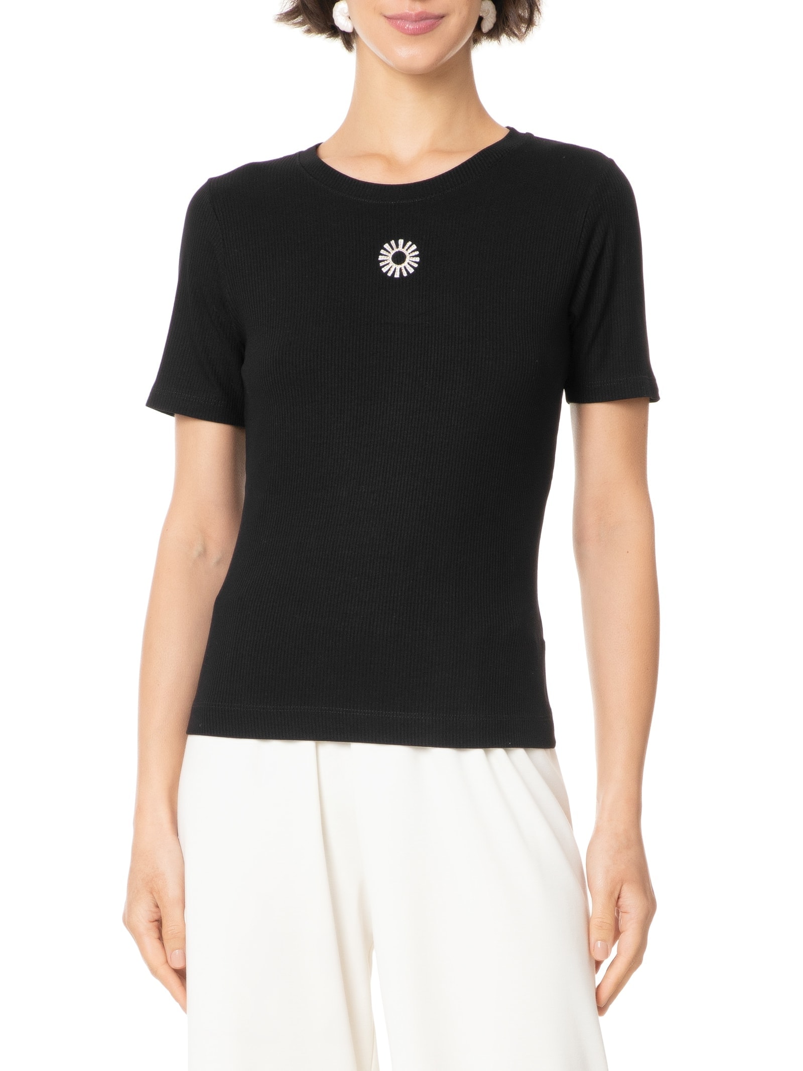 Blusa Feminina Malha Manga Curta Rib Preto Salinas