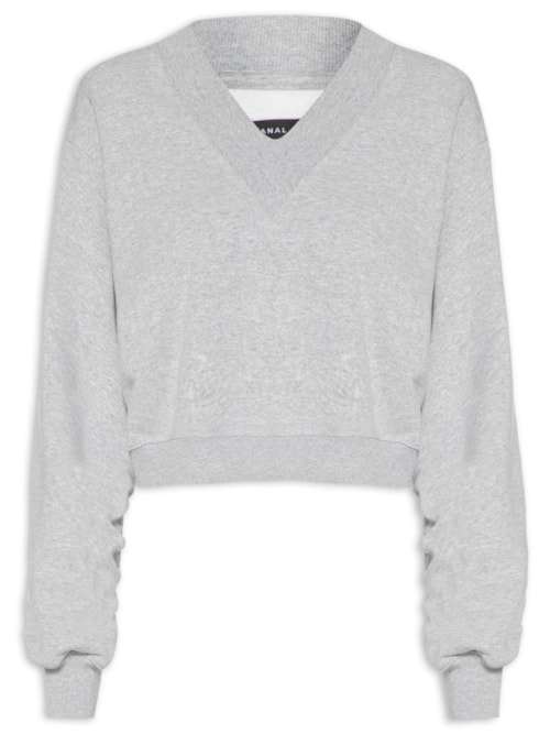 Blusa Feminina Malha Manga Longa Decote V Moletom Liso – Cinza