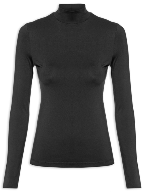 Blusa Feminina Malha Manga Longa Gola Alta Básica Liso – Preto