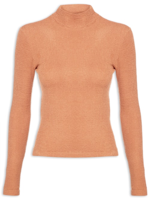 Blusa Feminina Malha Manga Longa Gola Alta Ribana Texturizada – Bege