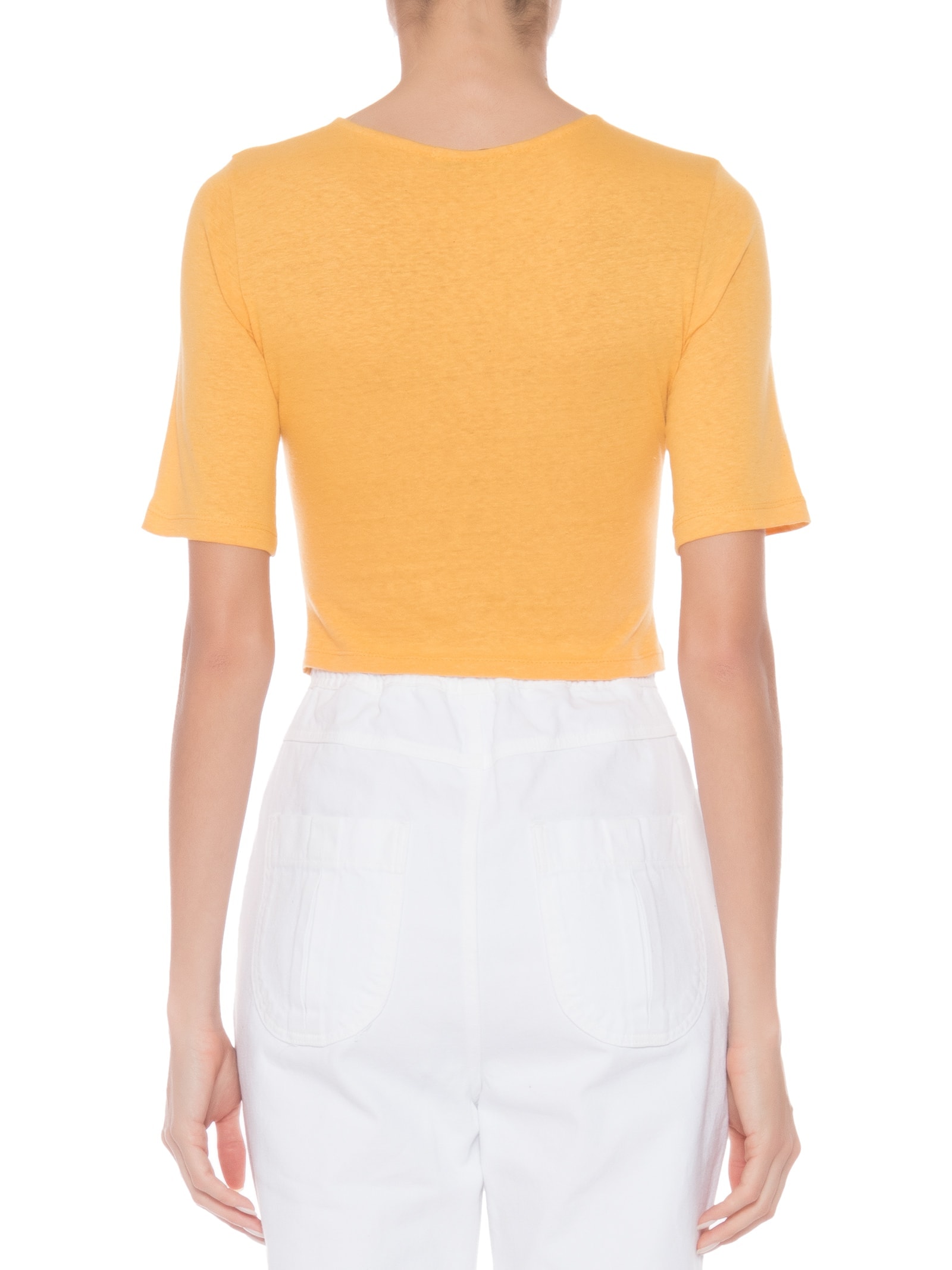 Blusa Feminina Malha Natural Linho Manga Curta Franzidos Amarelo '2Essential