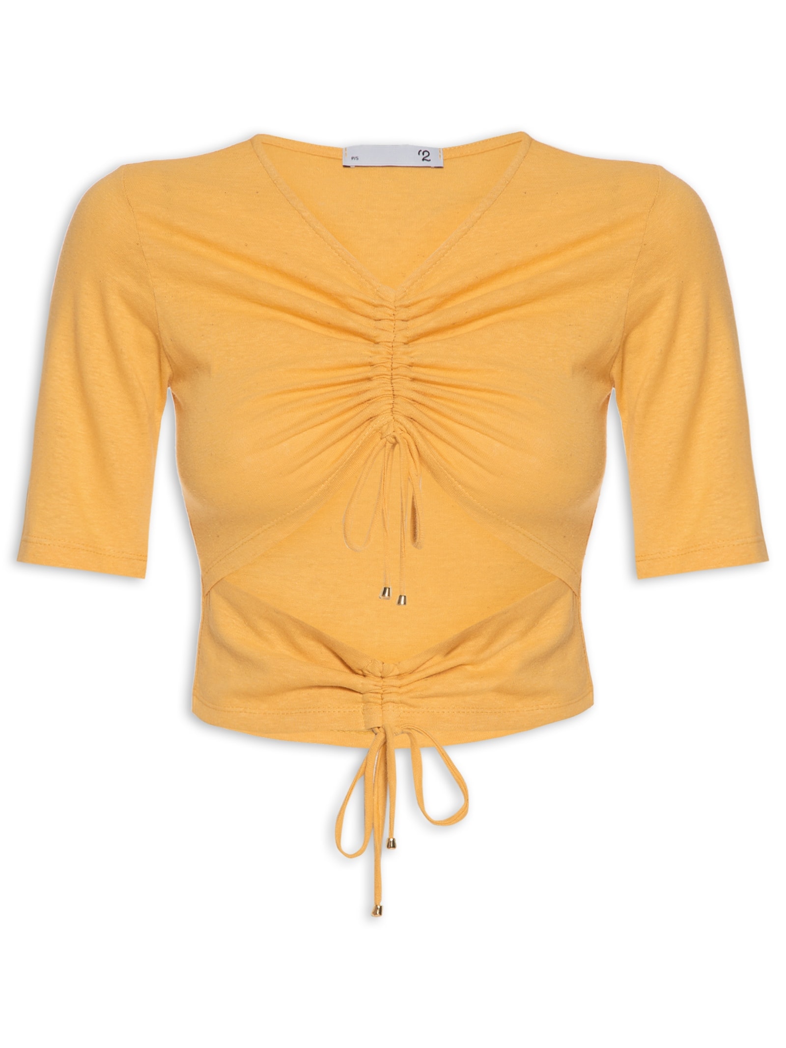 Blusa Feminina Malha Natural Linho Manga Curta Franzidos Amarelo '2Essential