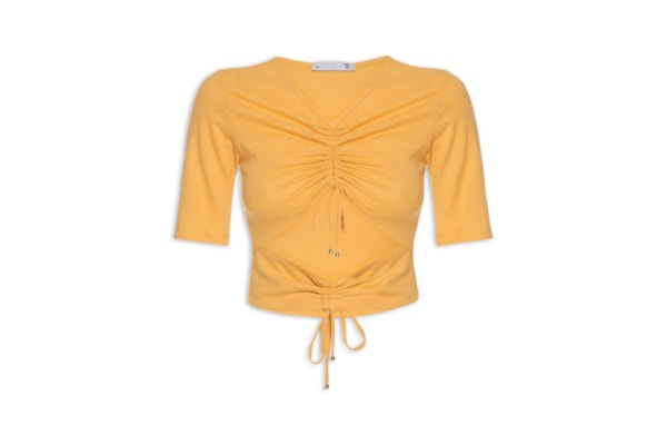 Blusa Feminina Malha Natural Manga Curta Franzidos - Amarelo