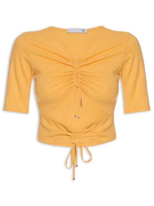 Blusa Feminina Malha Natural Manga Curta Franzidos - Amarelo
