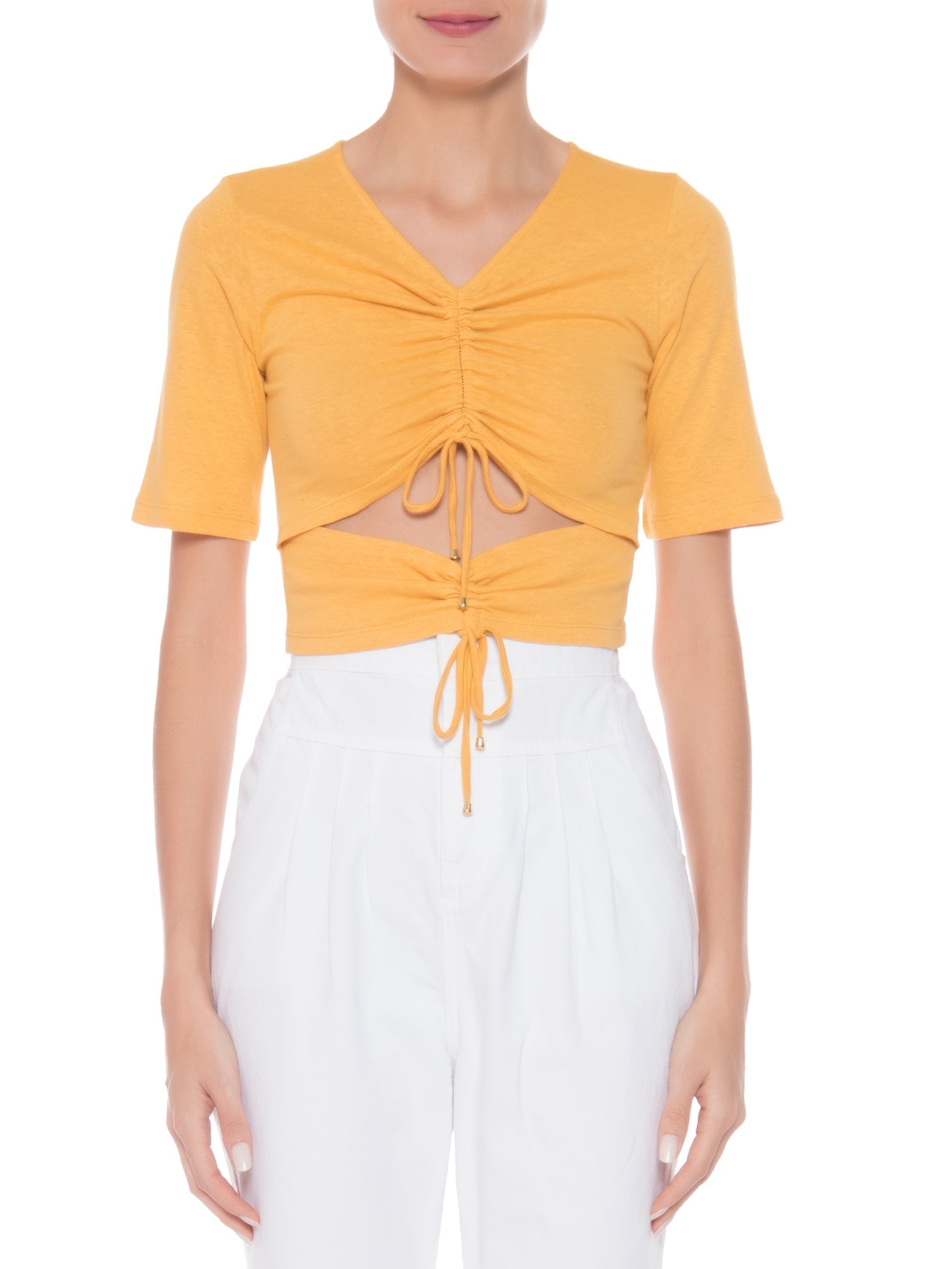 Blusa Feminina Malha Natural Manga Curta Franzidos Amarelo '2Essential