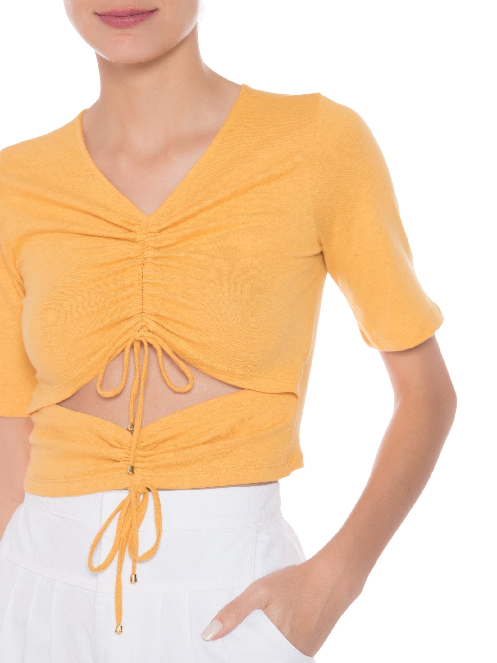Blusa Feminina Malha Natural Manga Curta Franzidos Amarelo '2Essential