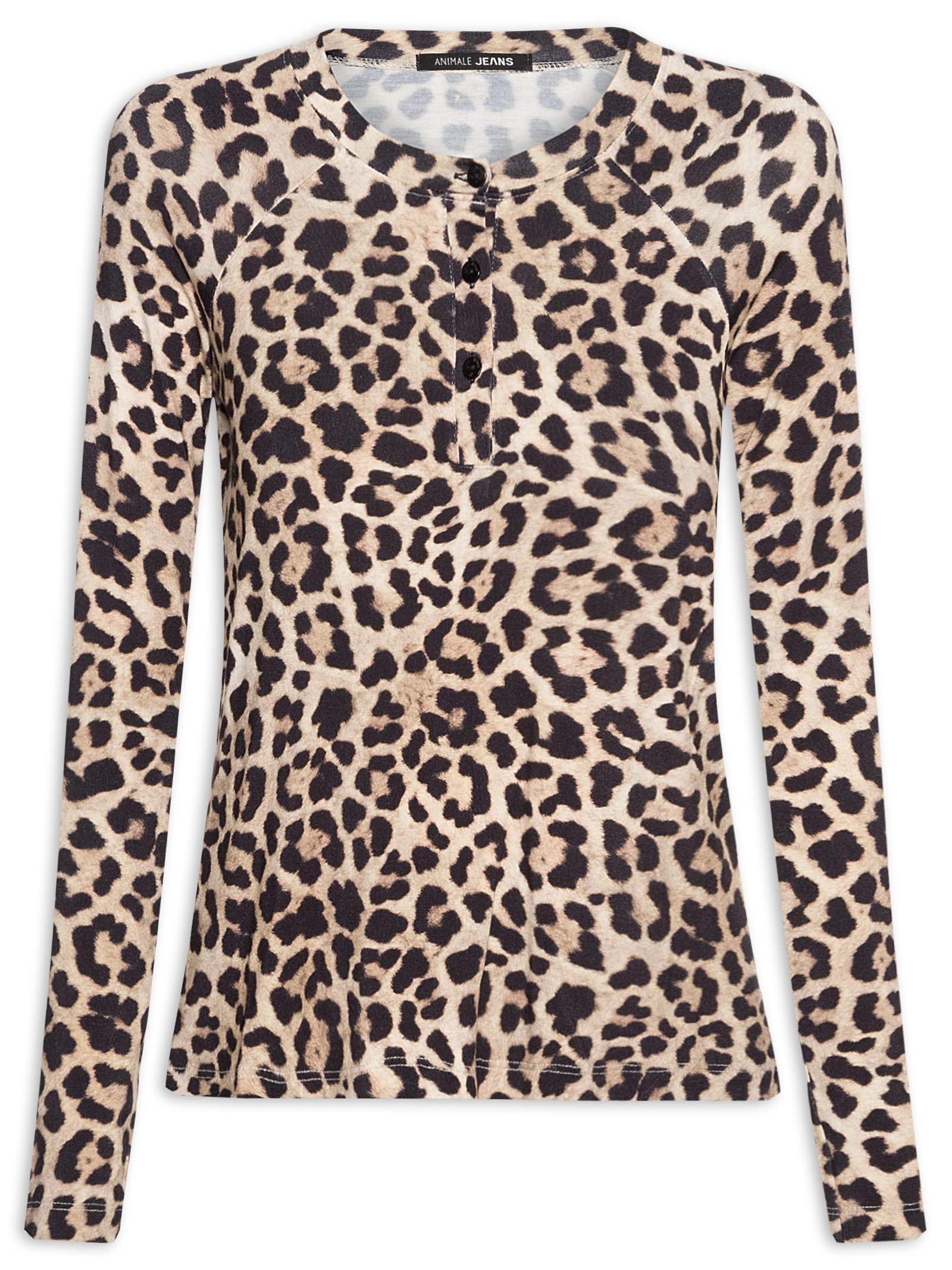 Blusa Feminina Malha Raglan Botões Estampada Animal Print Animale Jeans