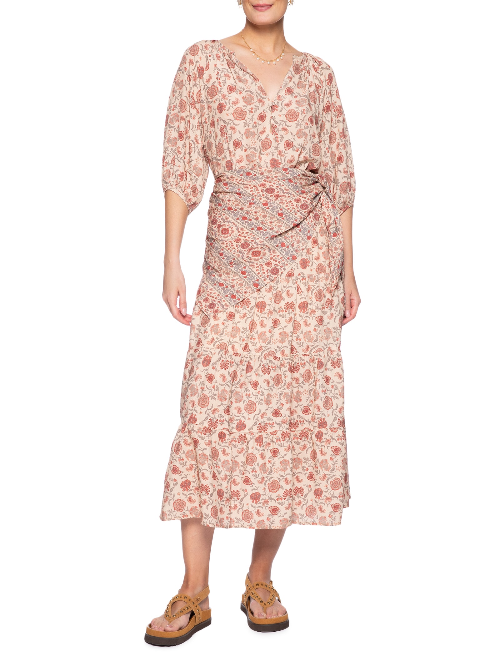 Blusa Feminina Manga 3/4 Estampa Agave Palha Rosa Maria Filó