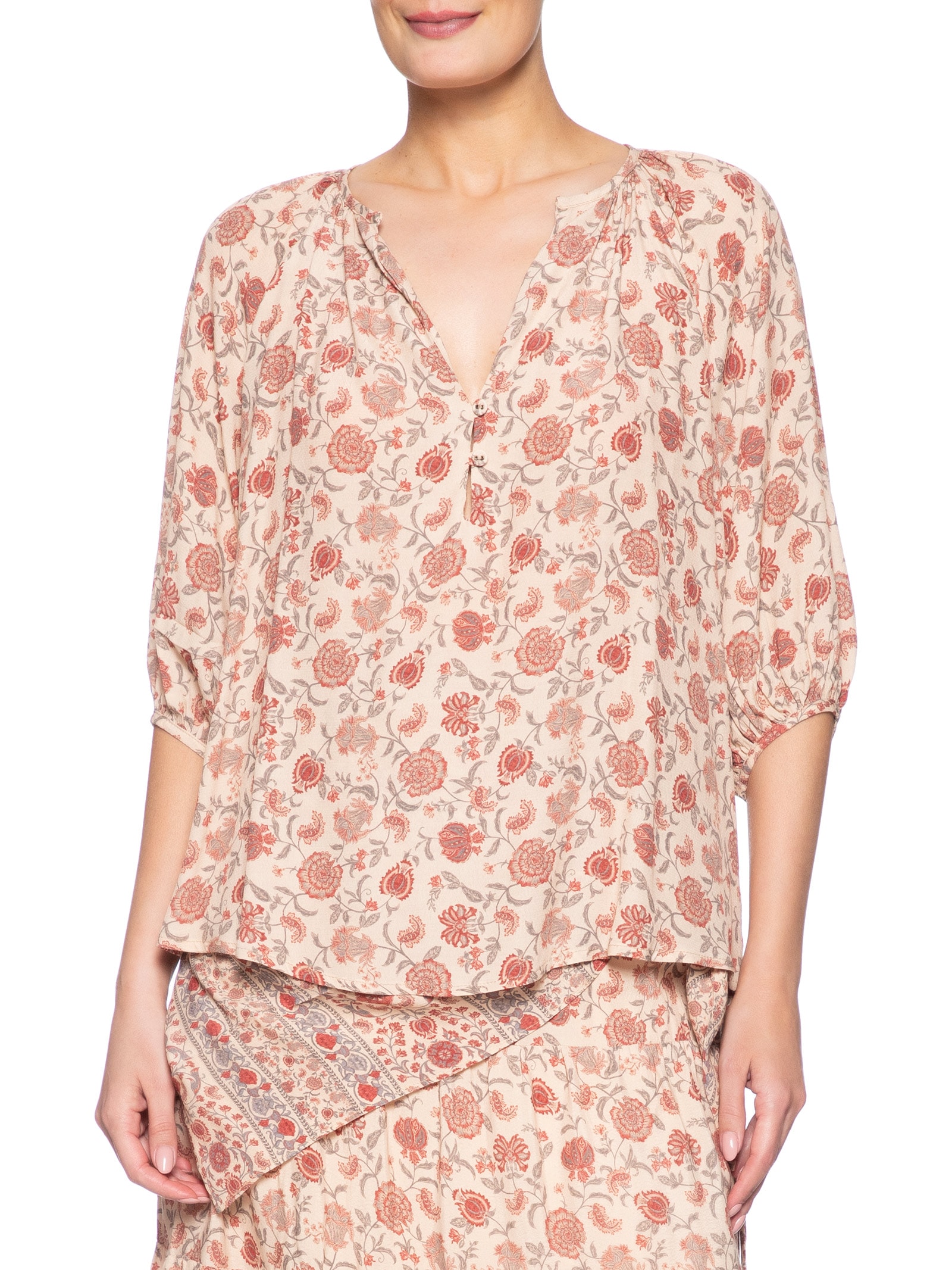 Blusa Feminina Manga 3/4 Estampa Agave Palha Rosa Maria Filó