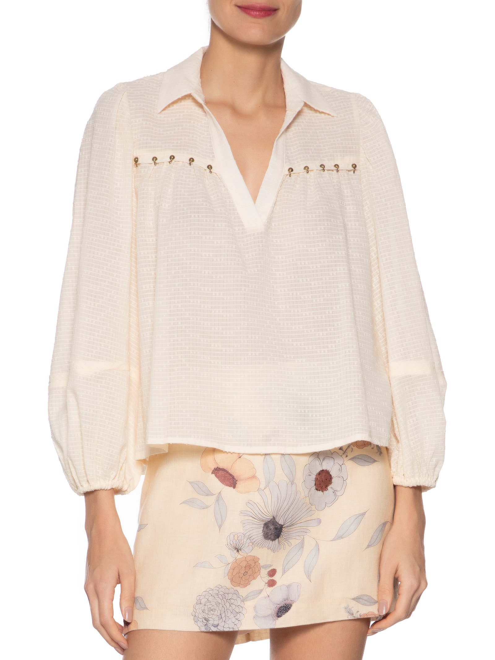 Blusa Feminina Manga Bordada Bege Maria Filó