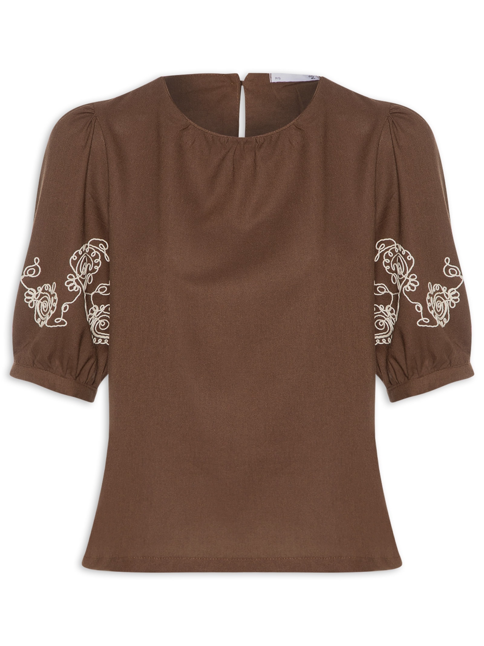 Blusa Feminina Manga Bufante com Bordado Marrom '2Essential