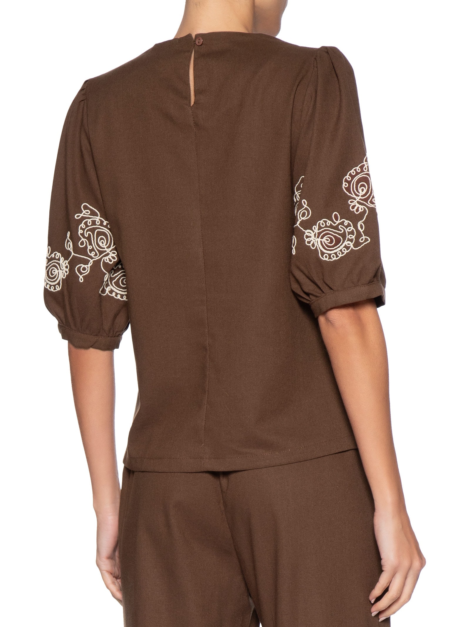 Blusa Feminina Manga Bufante com Bordado Marrom '2Essential