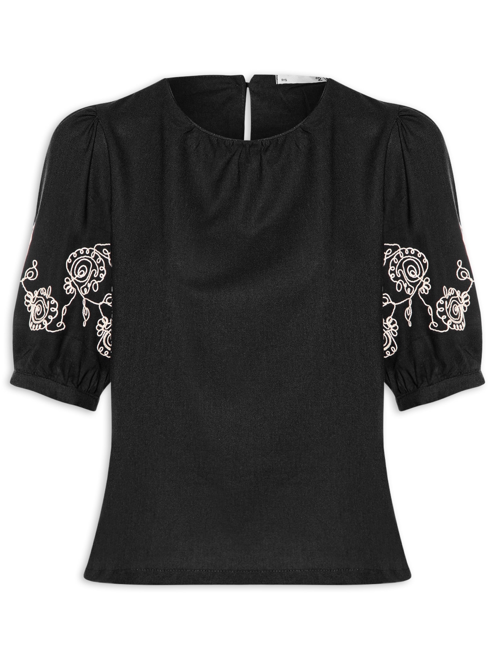 Blusa Feminina Manga Bufante com Bordado Preto '2Essential