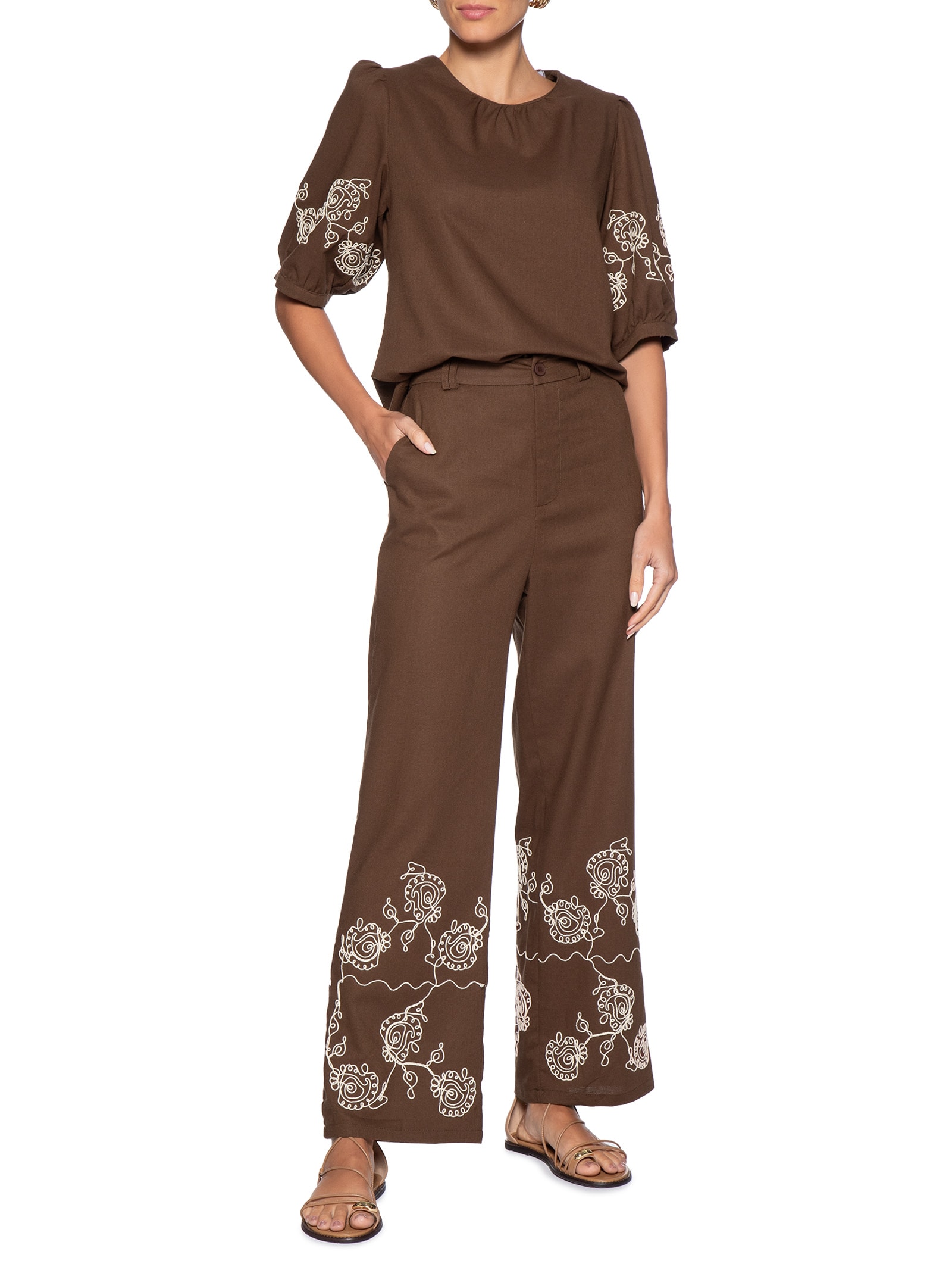 Blusa Feminina Manga Bufante com Bordado – Marrom '2Essential