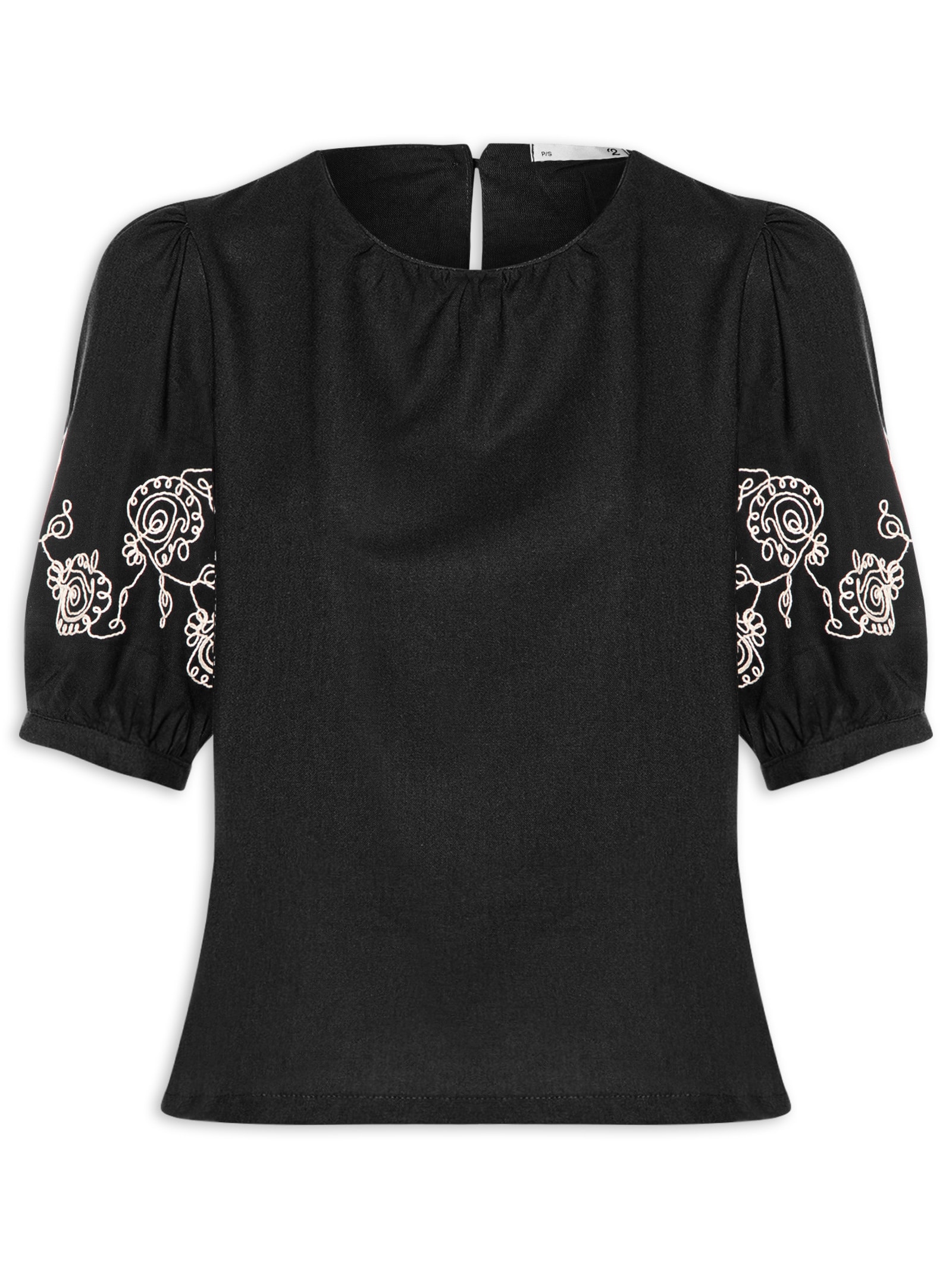 Blusa Feminina Manga Bufante com Bordado – Preto '2Essential