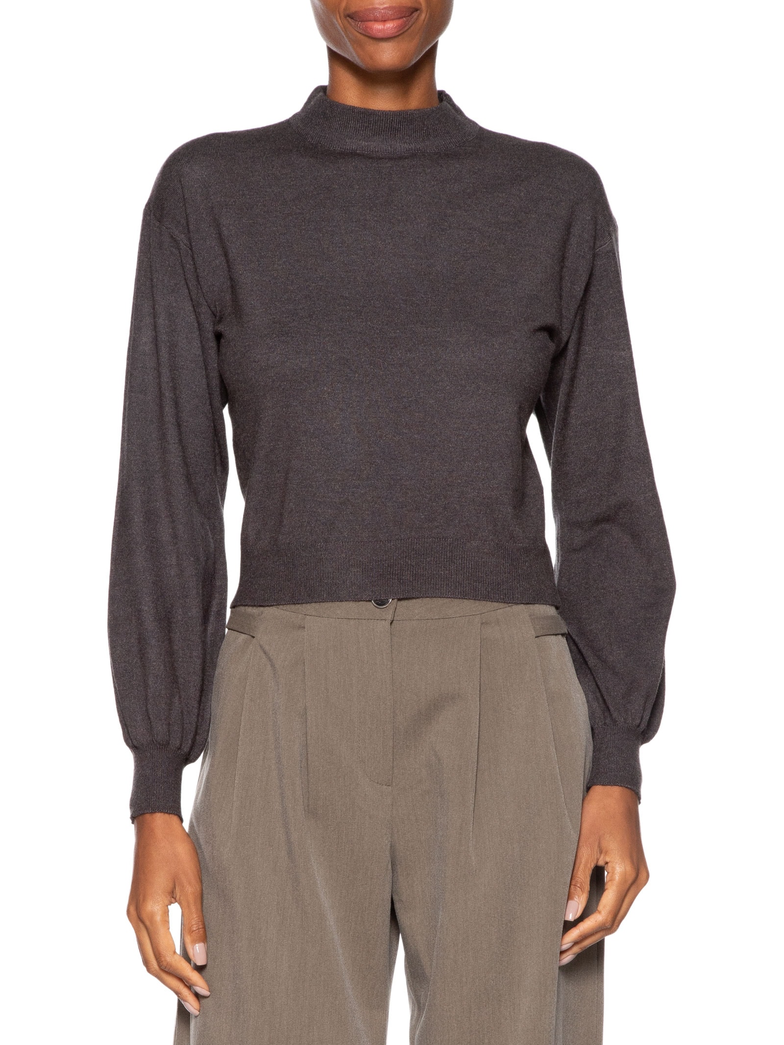 Blusa Feminina Manga Bufante Em Tricot Cinza '2Essential