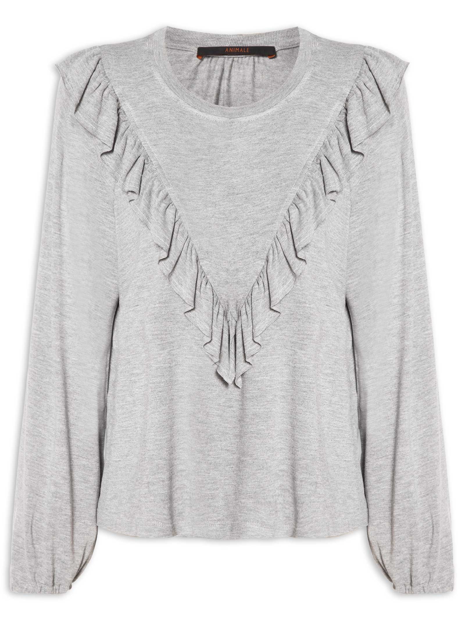Blusa Feminina Manga Comprida Babado Mescla Cinza Animale