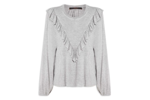 Blusa Feminina Manga Comprida Babado Mescla - Cinza