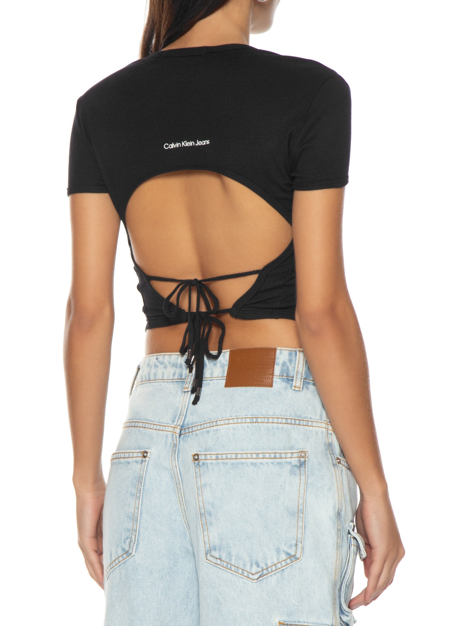 Blusa Feminina Manga Curta Amarração Costas Ribana Preto Calvin Klein Jeans