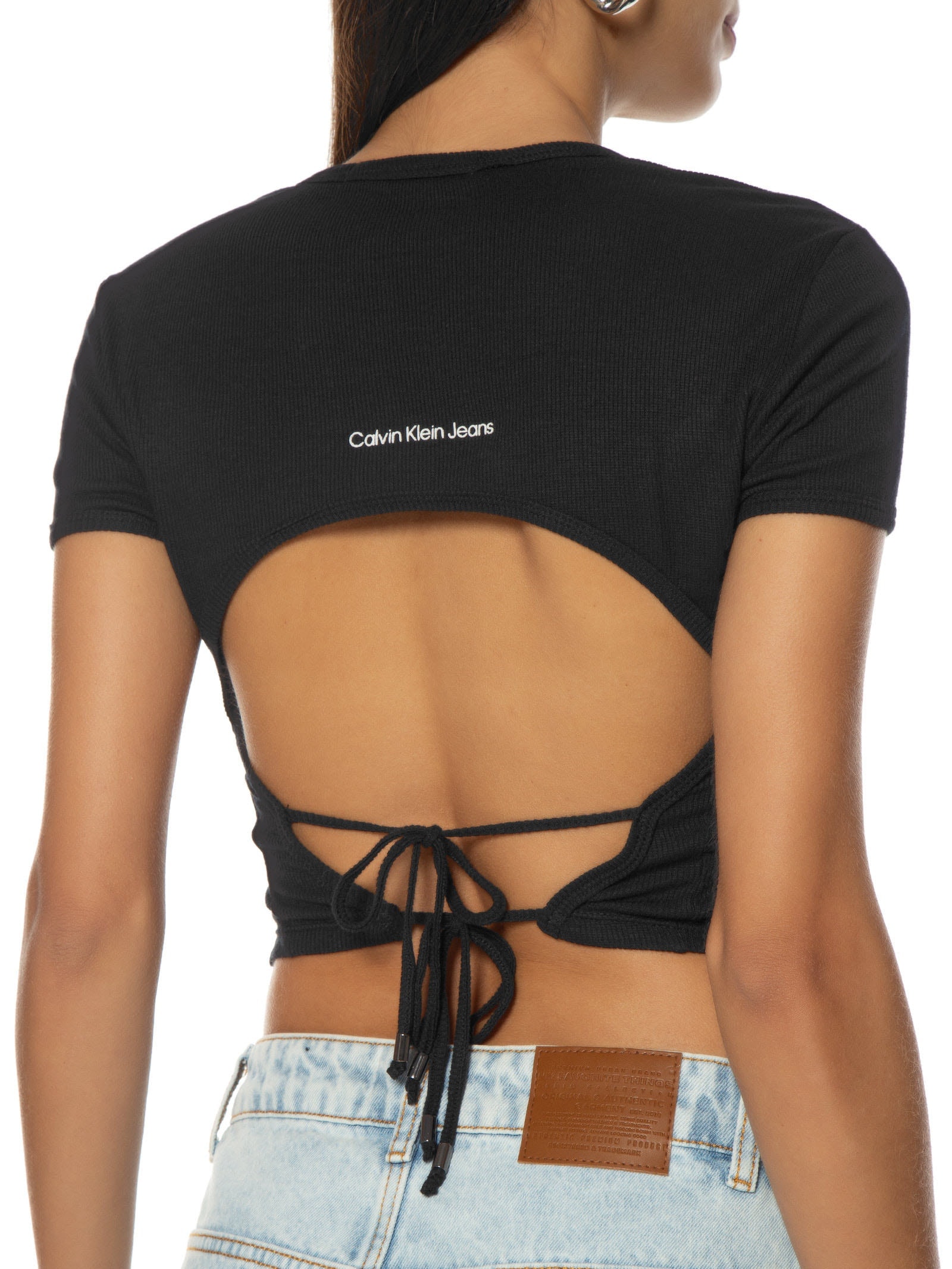 Blusa Feminina Manga Curta Amarração Costas Ribana Preto Calvin Klein Jeans