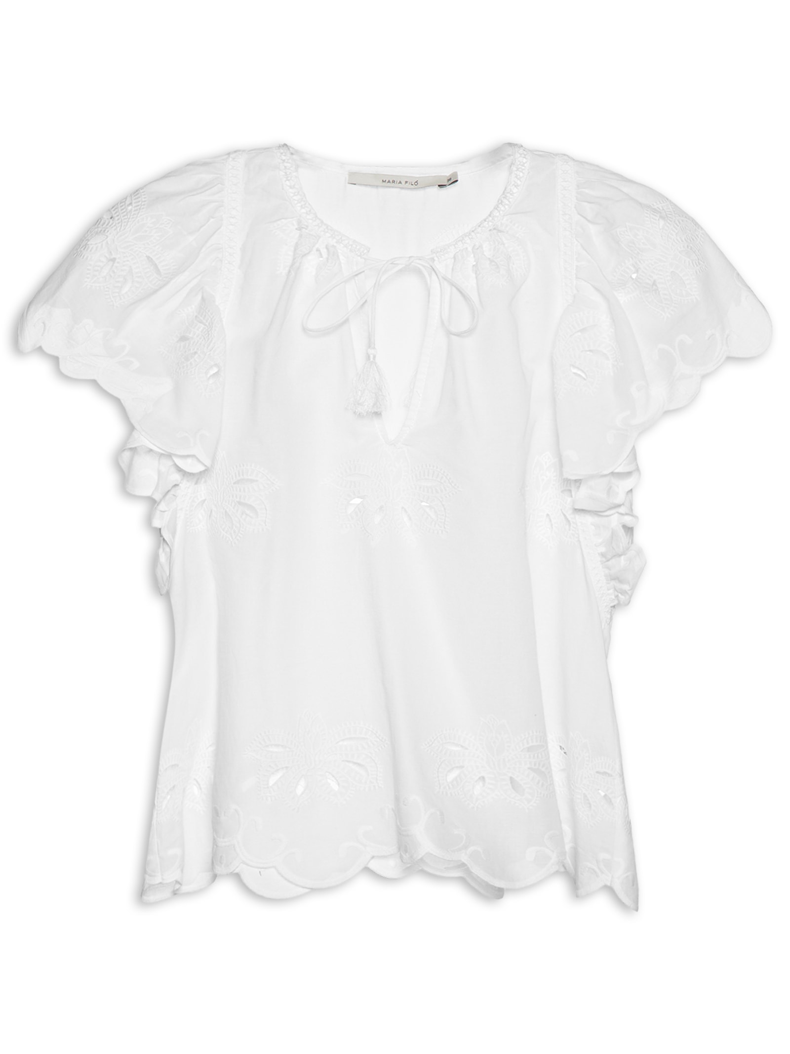 Blusa Feminina Manga Curta Bordado Lotus Branco Maria Filó