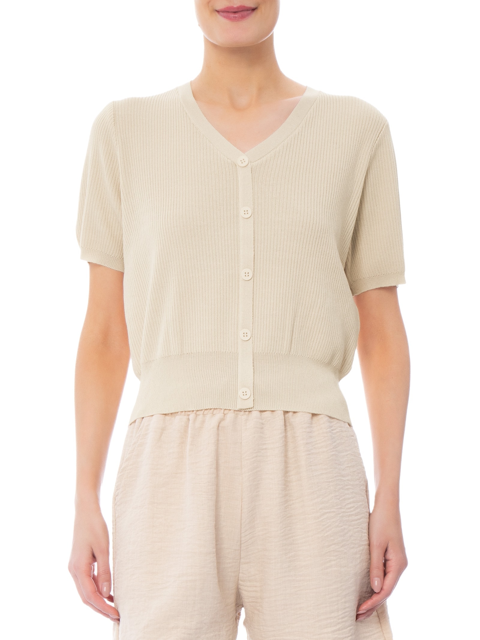 Blusa Feminina Manga Curta Com Botões Off White Basiq