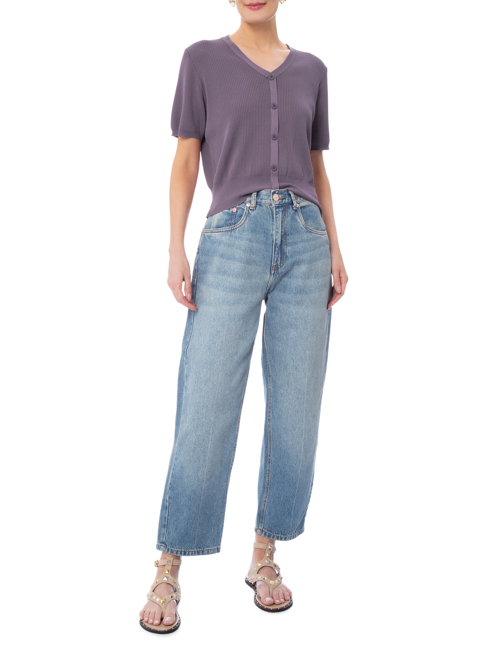 Blusa Feminina Manga Curta Com Botões Roxo Basiq