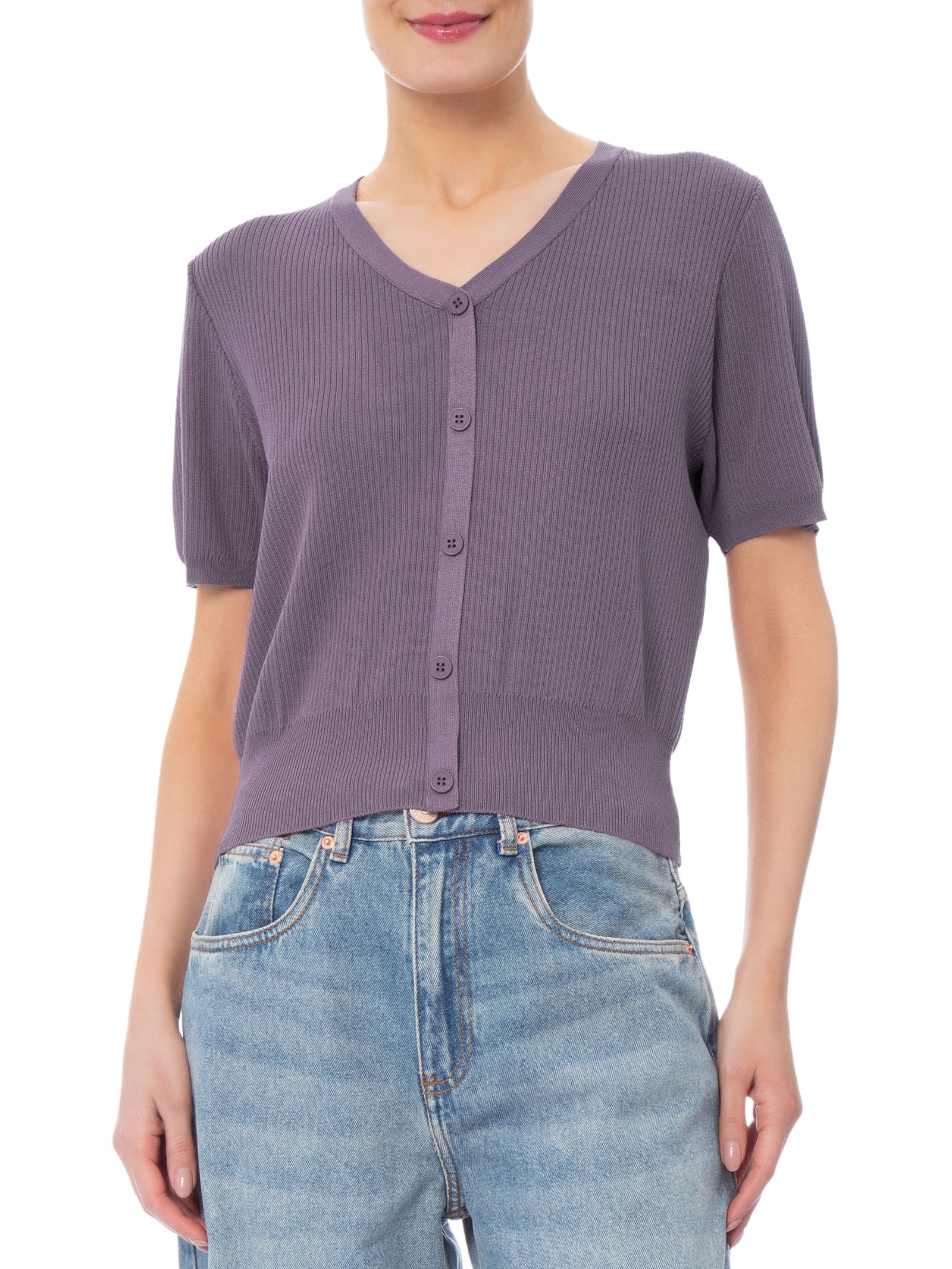 Blusa Feminina Manga Curta Com Botões Roxo Basiq