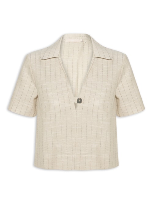 Blusa Feminina Manga Curta Decote V Com Botão – Bege