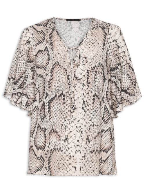 Blusa Feminina Manga Curta Decote V Estampa Snake Skin – Animal Print