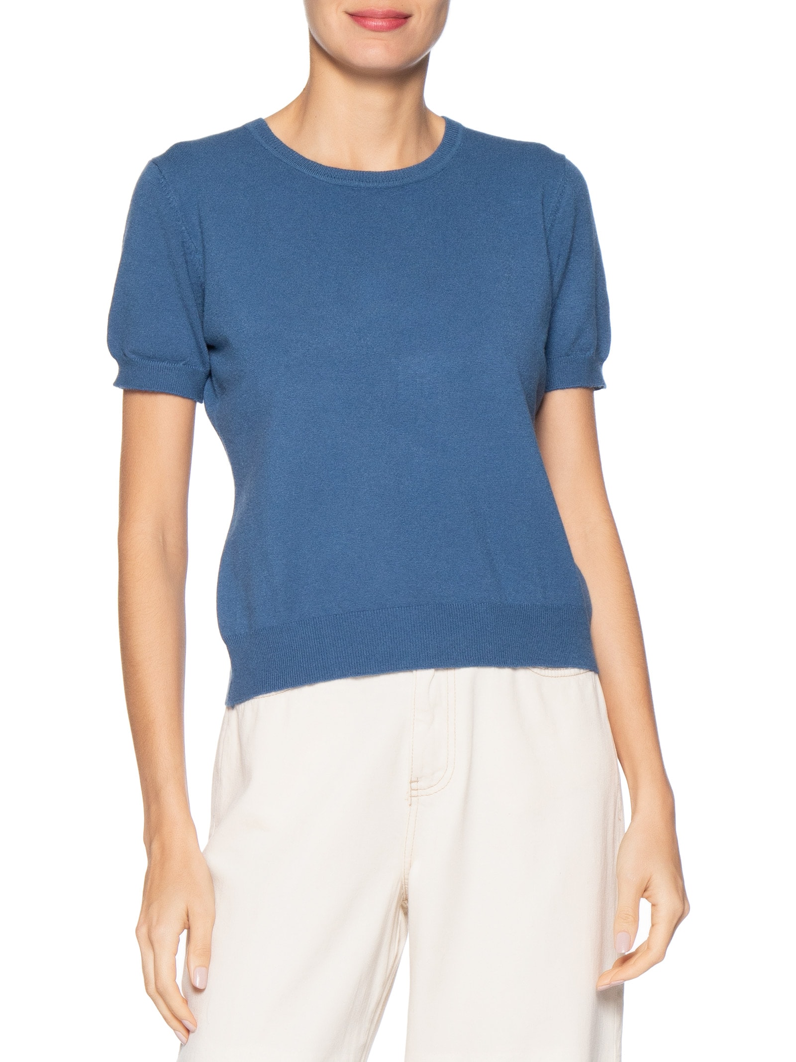 Blusa Feminina Manga Curta Em Tricot Azul Basiq