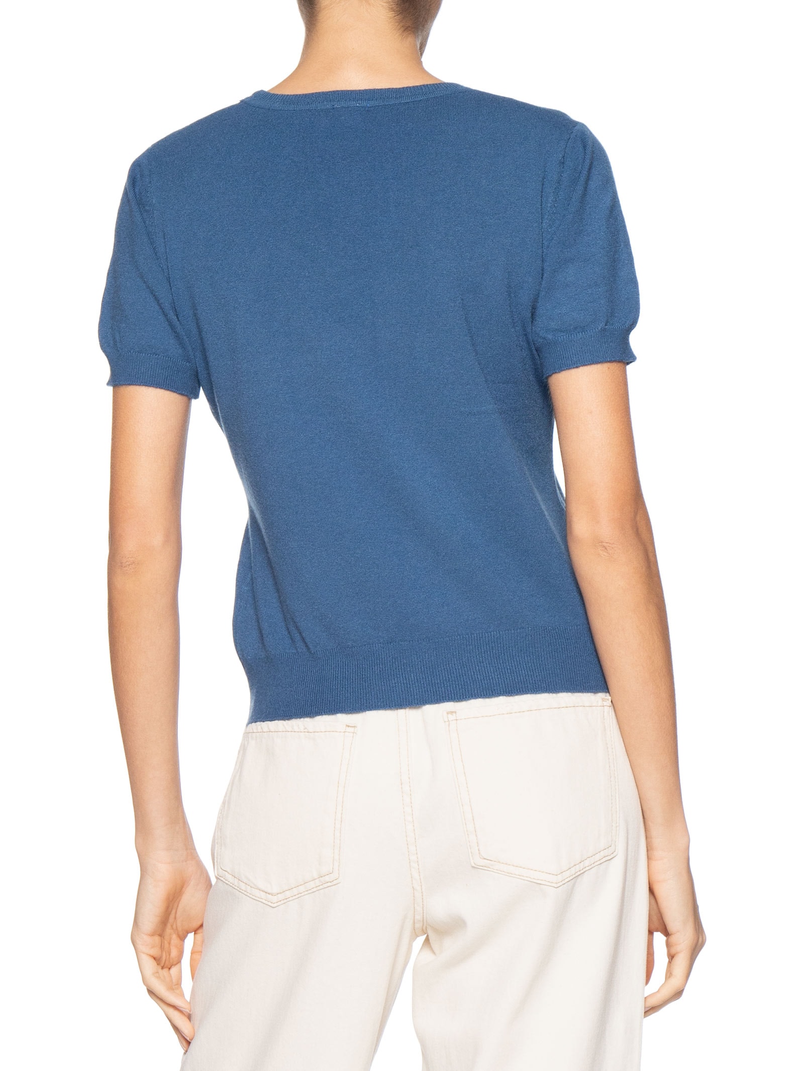 Blusa Feminina Manga Curta Em Tricot Azul Basiq