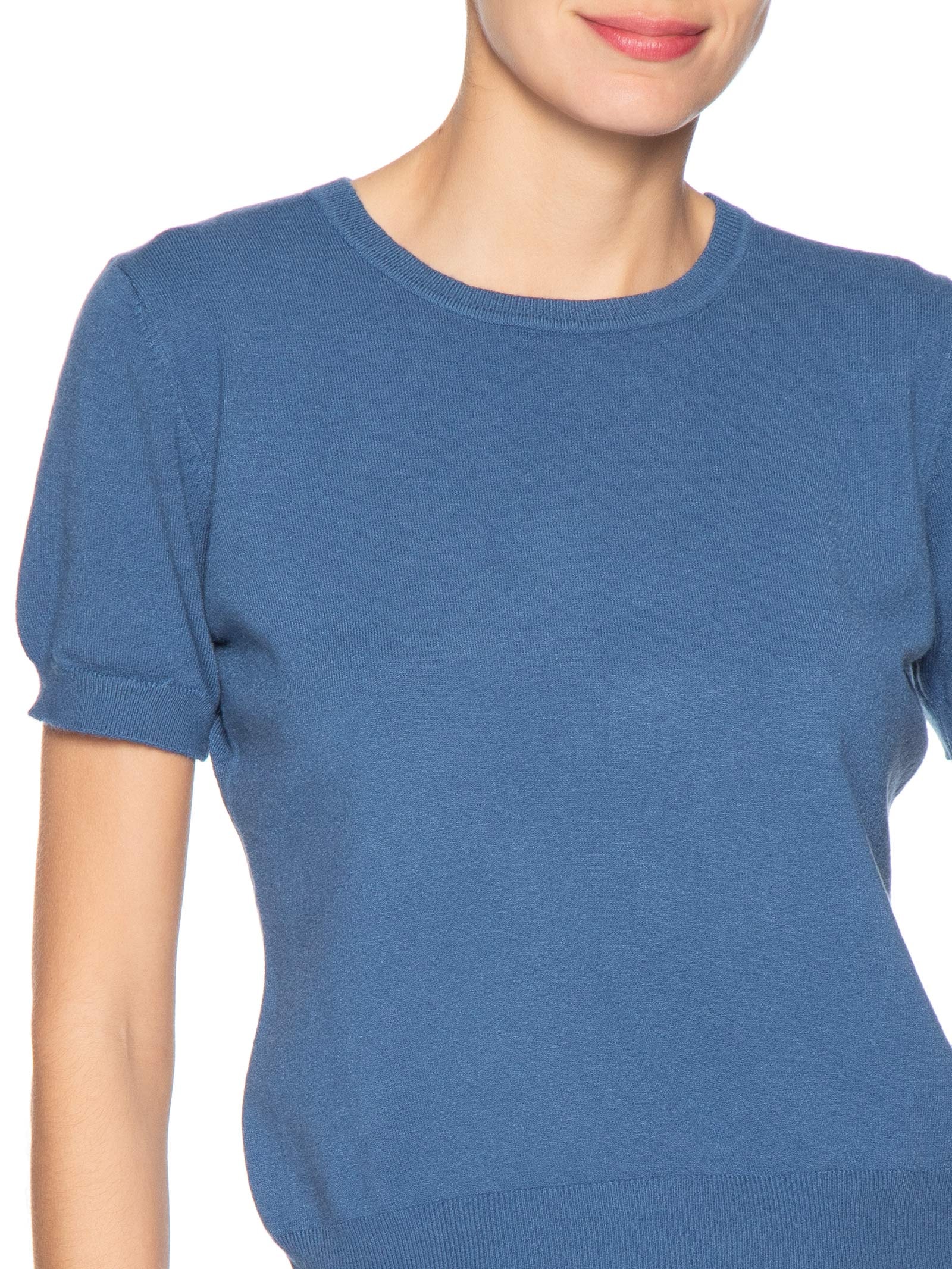 Blusa Feminina Manga Curta Em Tricot Azul Basiq