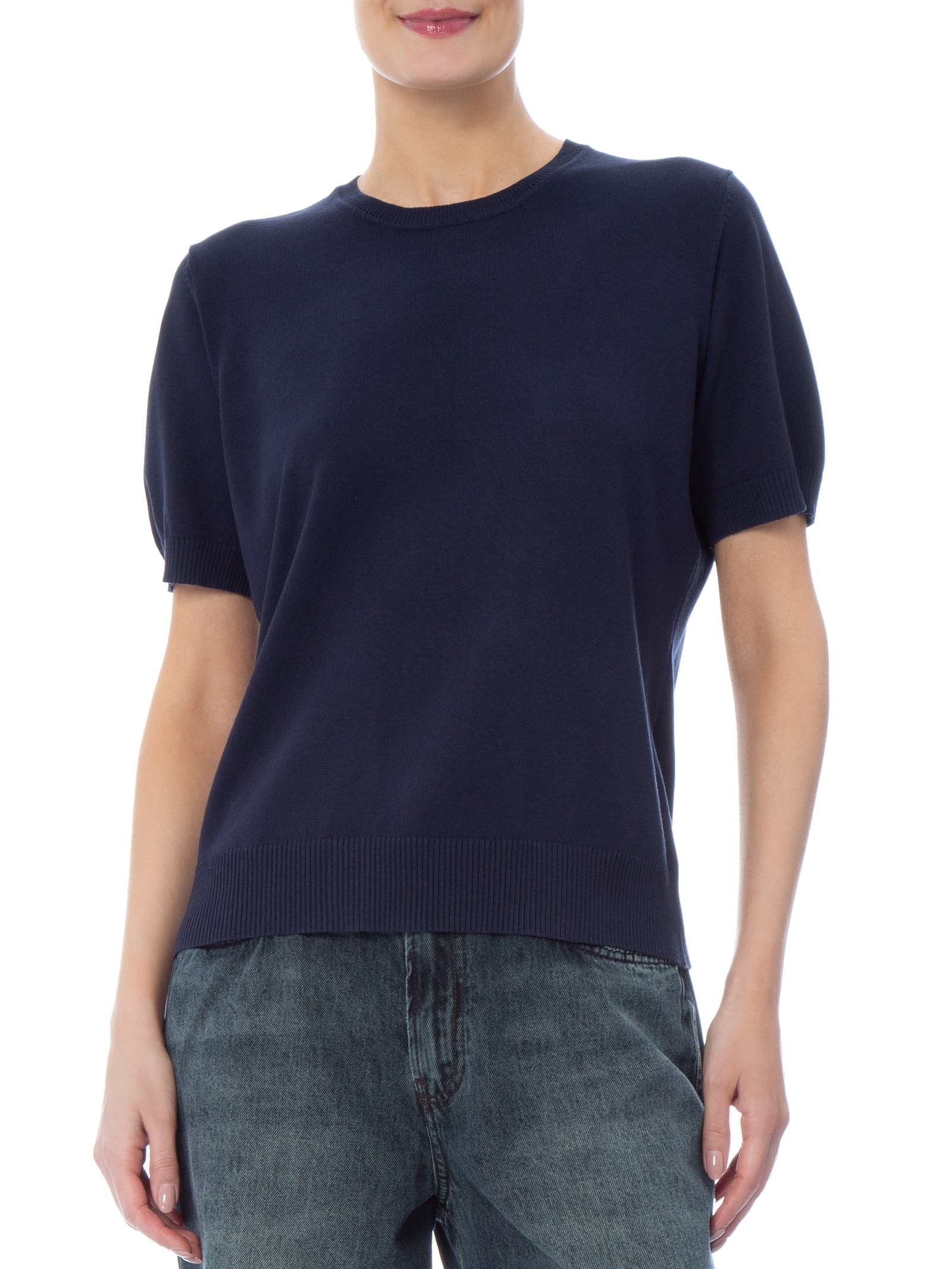 Blusa Feminina Manga Curta em Tricot Azul Basiq