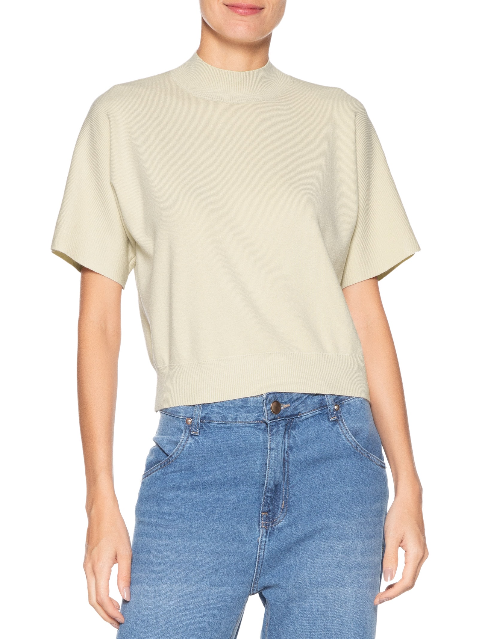 Blusa Feminina Manga Curta Em Tricot Bege '2Essential