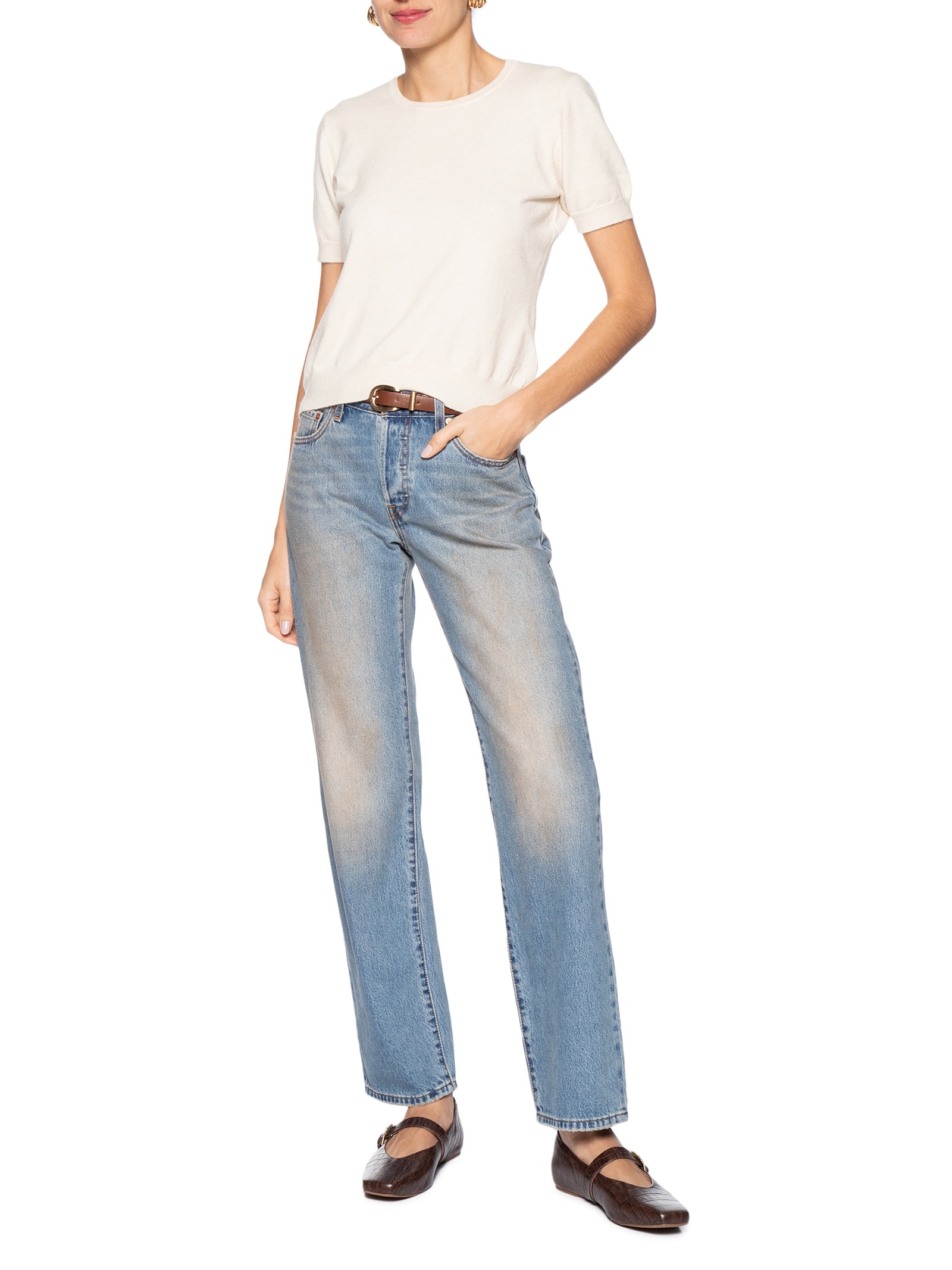 Blusa Feminina Manga Curta Em Tricot Bege Basiq