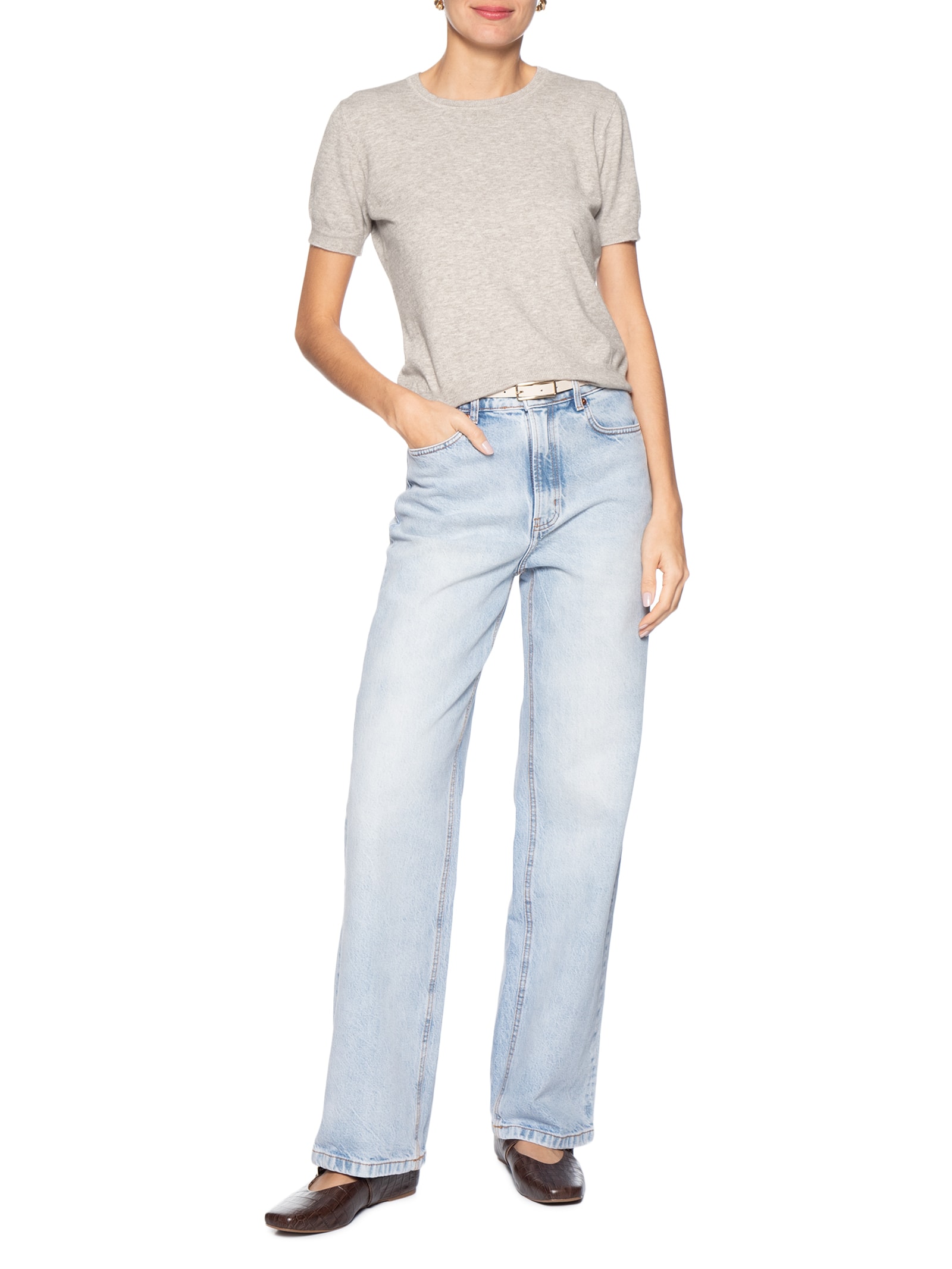 Blusa Feminina Manga Curta Em Tricot Bege Basiq