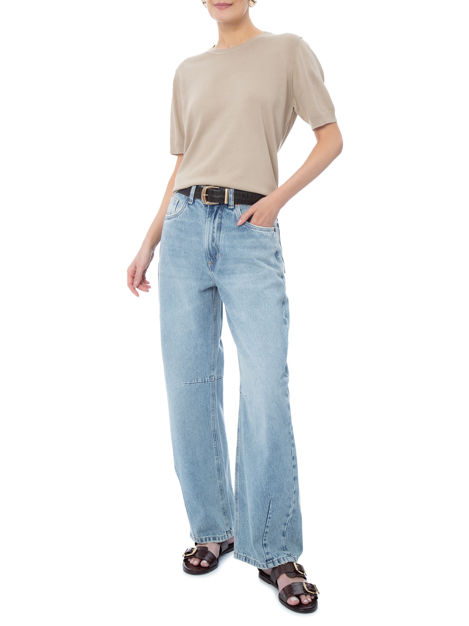 Blusa Feminina Manga Curta em Tricot Bege Basiq
