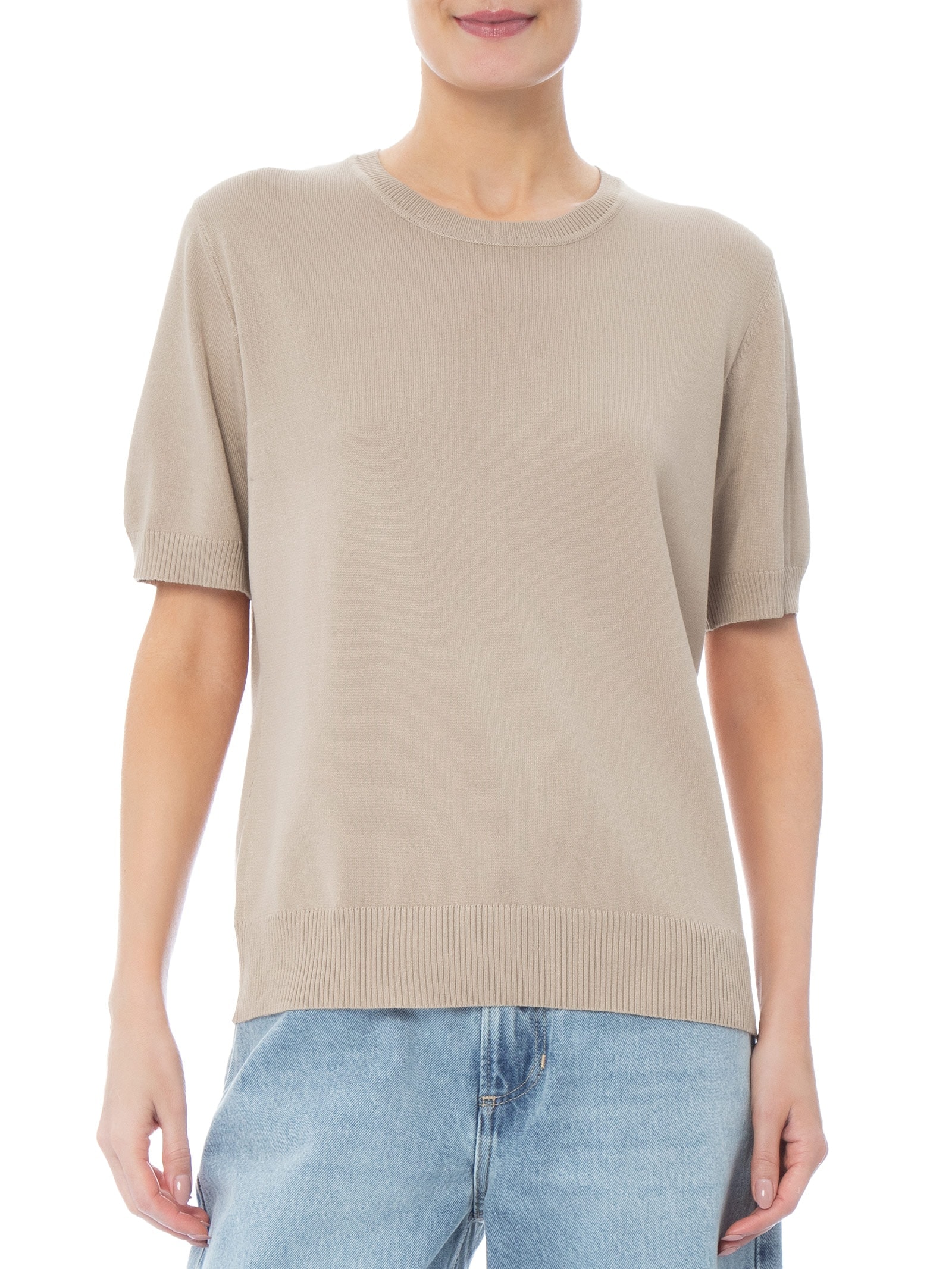 Blusa Feminina Manga Curta em Tricot Bege Basiq