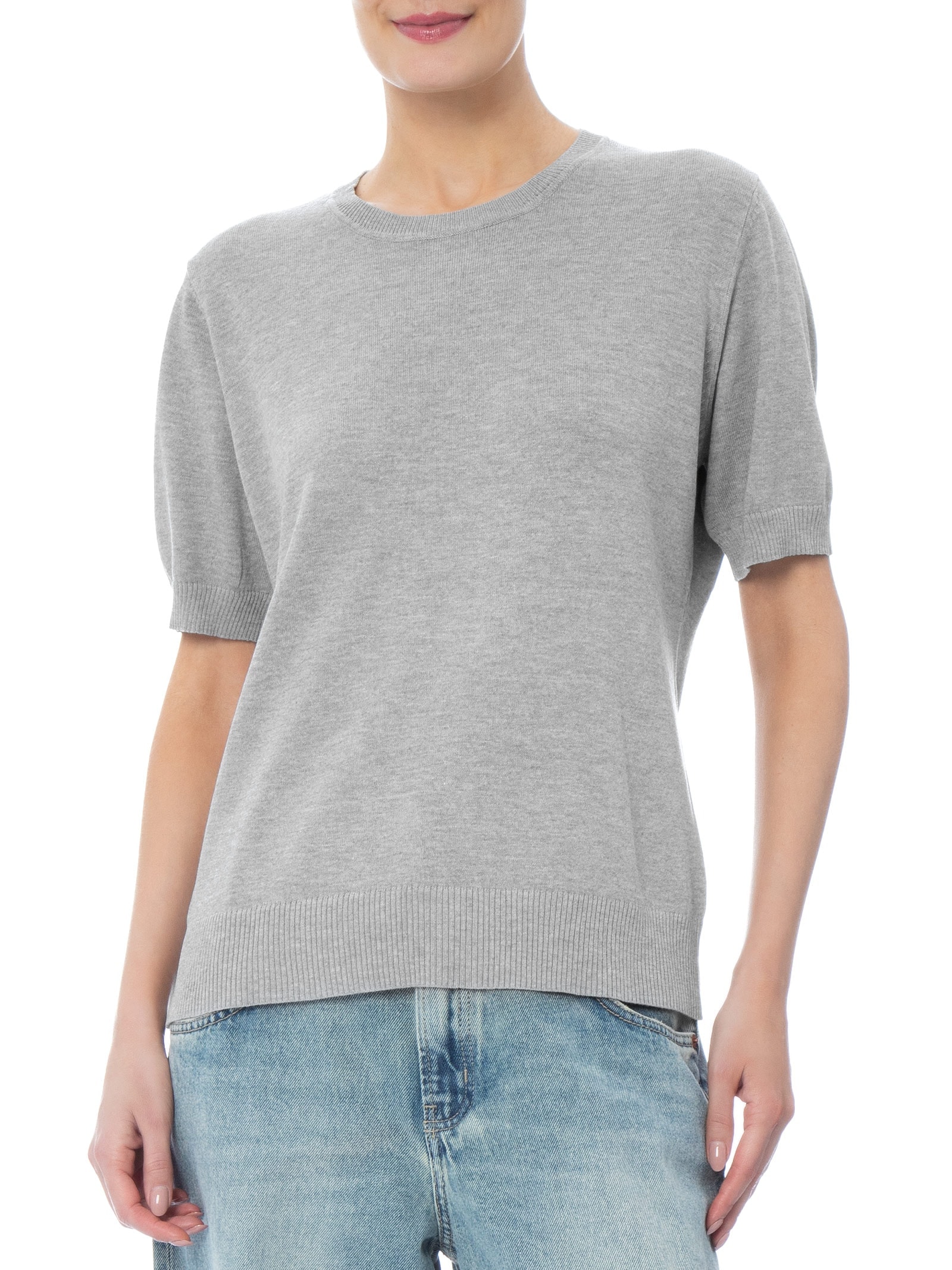 Blusa Feminina Manga Curta em Tricot Cinza Basiq