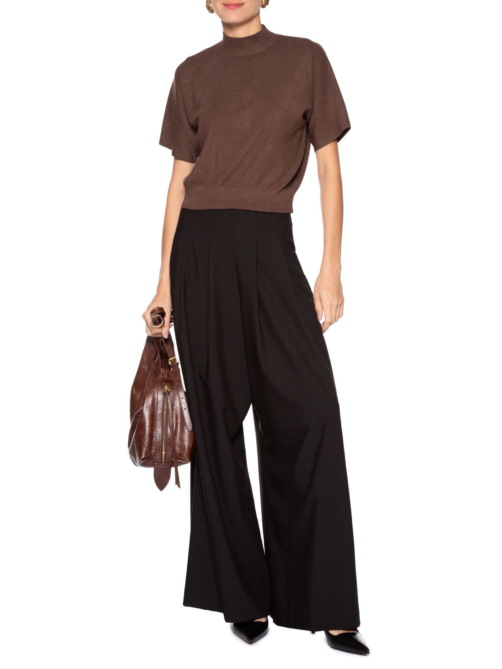 Blusa Feminina Manga Curta Em Tricot Marrom '2Essential