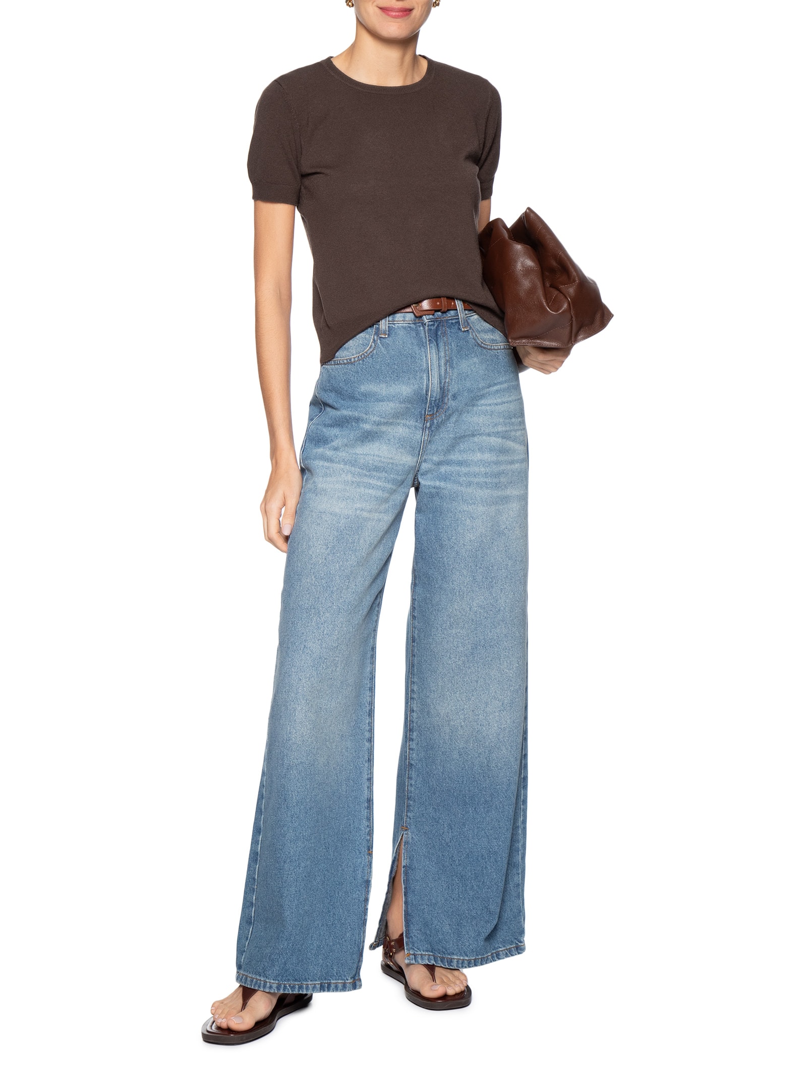 Blusa Feminina Manga Curta Em Tricot Marrom Basiq
