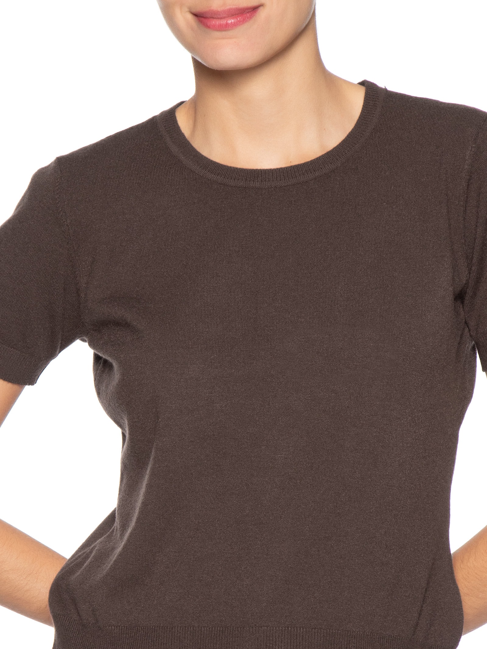 Blusa Feminina Manga Curta Em Tricot Marrom Basiq