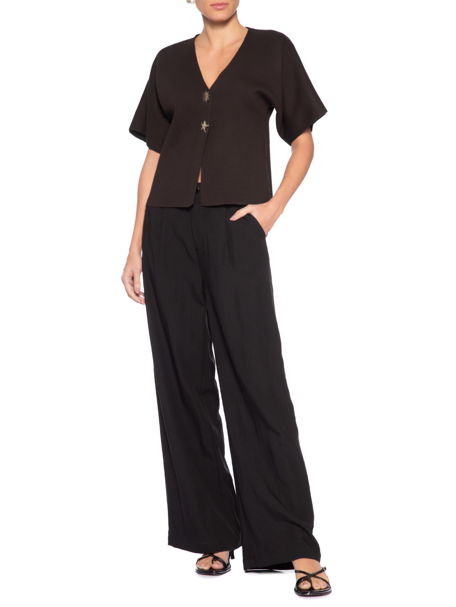 Blusa Feminina Manga Curta Em Tricot Marrom '2Essential