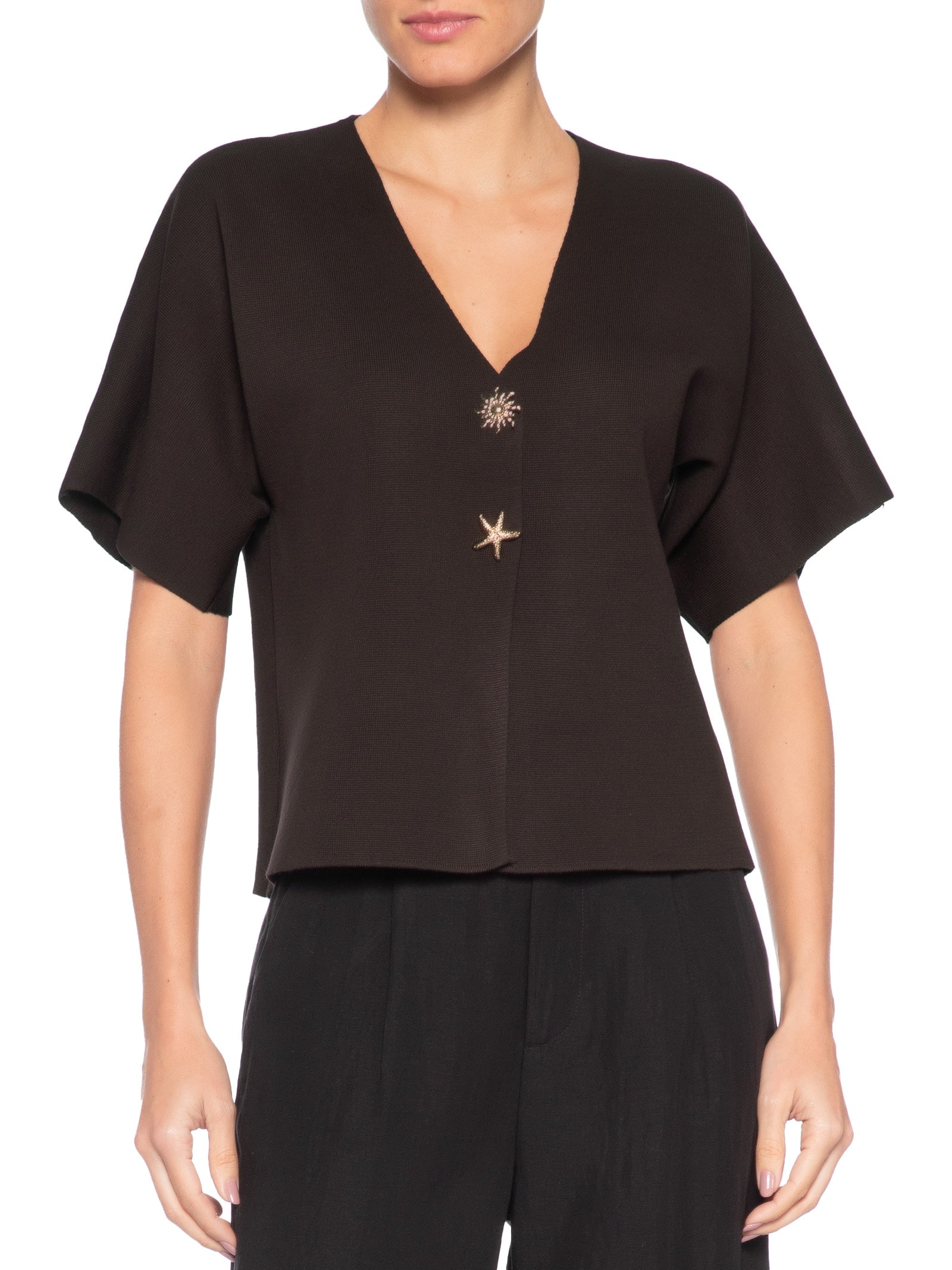 Blusa Feminina Manga Curta Em Tricot Marrom '2Essential